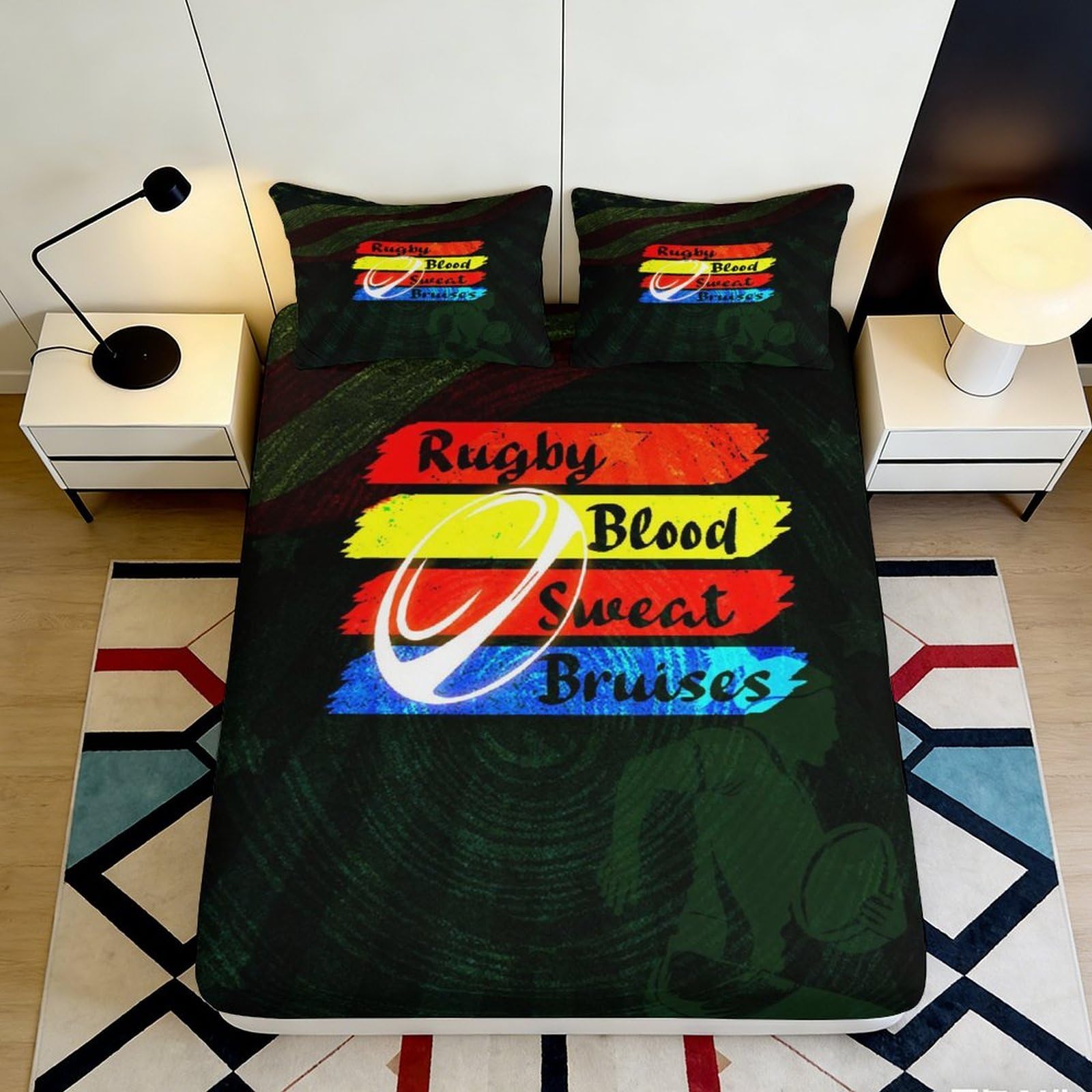 3D Printed Rugby Theme Fitted Sheet Microfiber Deep Pocket Bedroom Bedding Non-Slip Rugby Mattress Fitted Cover for Adults Teens 140x200x25cm