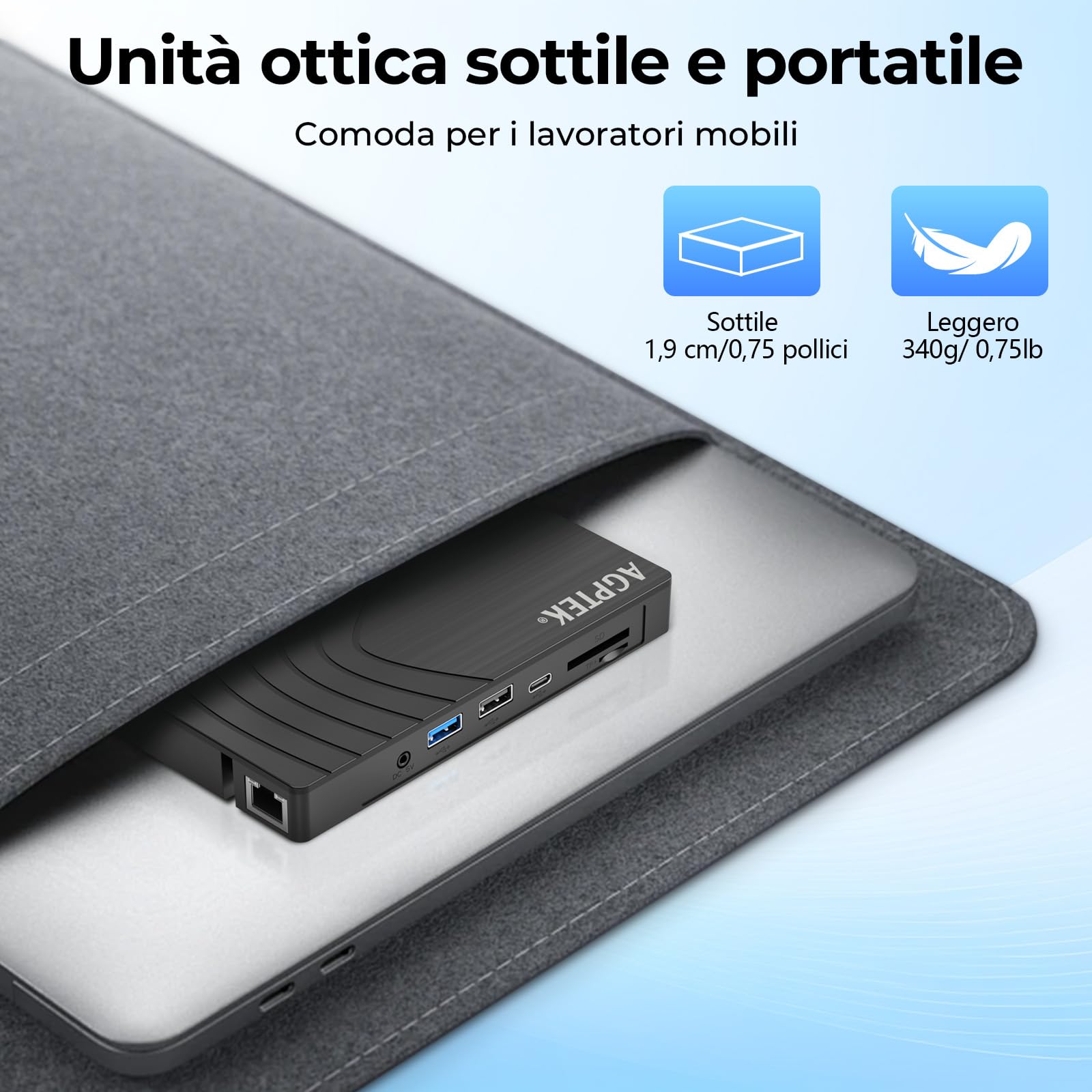 AGPTEK Unità CD/DVD esterna per laptop, lettore/scrittore CD/DVD per laptop, masterizzatore DVD sottile USB 3.0 con adattatore porte USB e slot per schede TF/SD, PC, MacBook, Windows, Linux, Mac OS