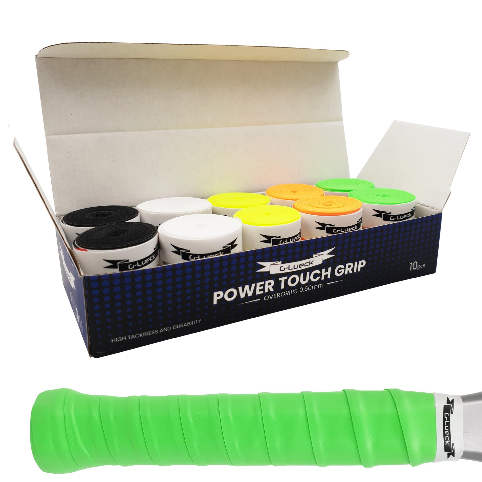 G-Lueck Surgrips Power Touch - Lot de 10 overgrips pour Raquette de Tennis Premium – Haute adhérence, Longue durée de Vie – 0,60 mm d'épaisseur | Antidérapants