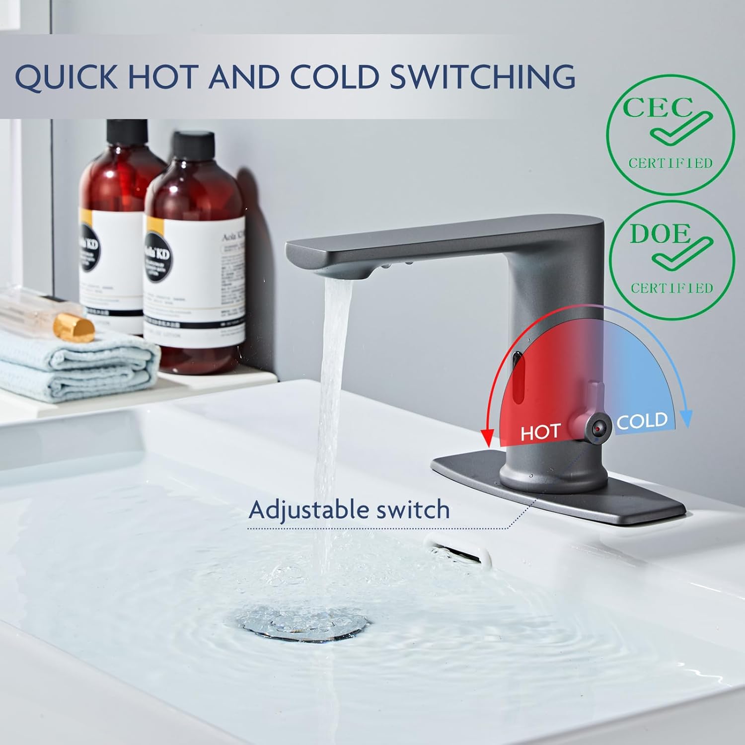 DIY No Drill Gunmetal Gray Sink Faucet with Hole Cover,Touchless Bathroom Faucet Automatic with Motion Sensor for Hygiene.