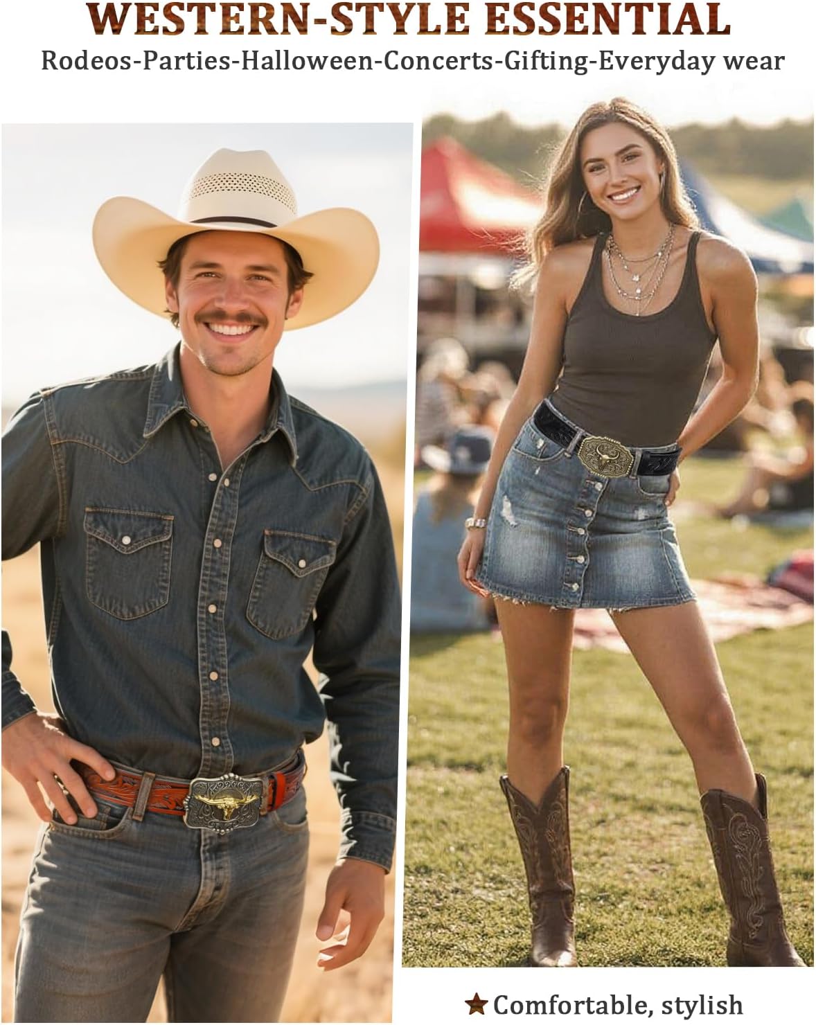 Leather Western Buckle Belts for Woman Men Christmas Gifts, Cowboy Cowgirl Country Embossed Belt for Jeans - Image 2