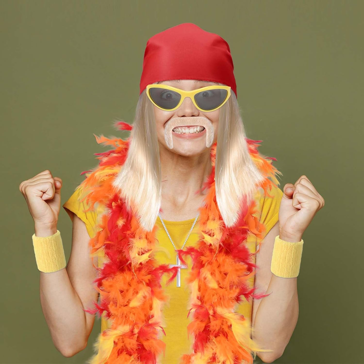 6 Pcs Halloween Wrestler Costume Include Wig,Kerchief,Moustache Bracers Glasses and Necklace for Men Wrestler Dress up Multicolor - Image 7