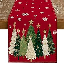 Kevsuvqin Chemin de Table Noel 183 x 33cm, Chemin Table Noel avec Sapin de Noël, Flocons de Neige et étoiles Brillantes, Table de Noel en Lin, Lavable, Table de Noel pour Decoration Table Noel