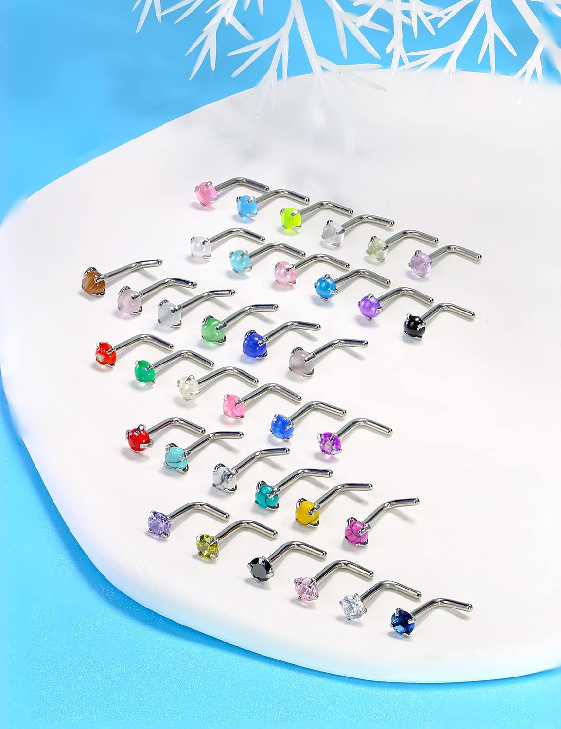 Cisyozi 18G Nose Rings Studs with turquoise/Pearl/CZ/Cat'Eye/Glow in the Dark/Opal Style 3mm Top 316L Surgical Steel Nose Nostril Piercing Jewelry for Women Men Girl - Image 2