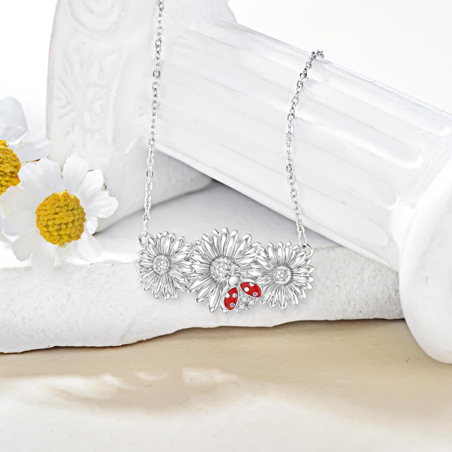 Diamond Daisy Ladybug Necklace for Women 925 Sterling Silver Daisy Pendant Necklace Gifts for Women Diamond Jewelry for Birthday Mother's Day Valentine's Day - Image 6