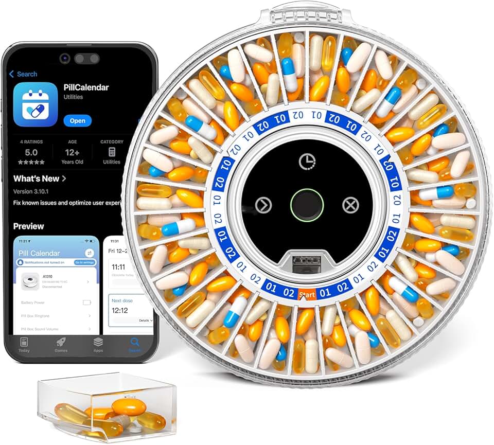 Betife Automatic Pill Dispenser for Elderly with Alarm – 31-Day Smart Bluetooth Pill Box, App Support, Fingerprint + Key Dual Lock, Arthritis-Easy Open, Plug-in/Battery Backup, Monthly Timer Dispenser