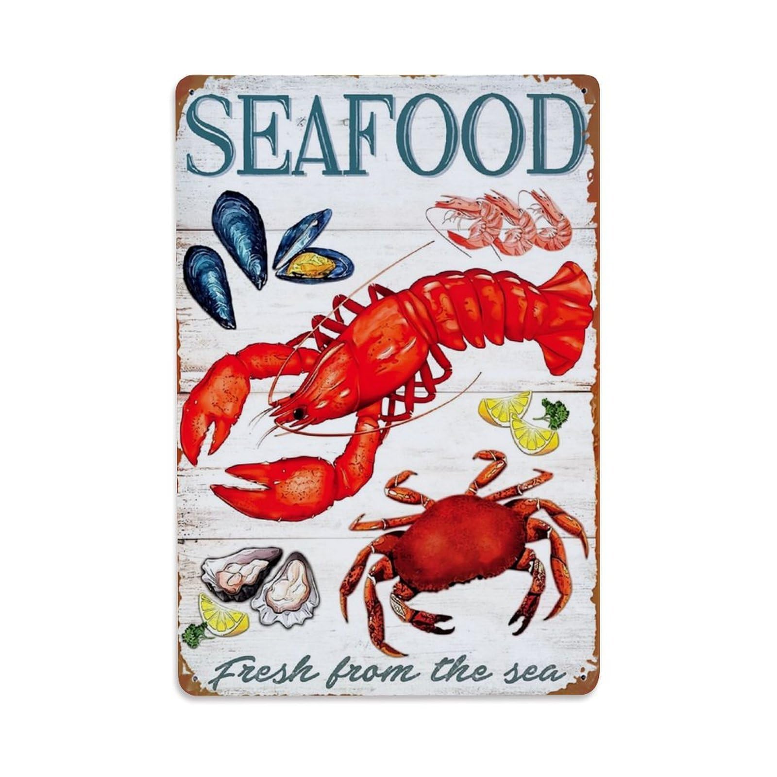 Jdfenggu Vintage Seafood Illustration Pattern Print Design Retro Metal Tin Sign, Metal Poster For Bar, Home, Man Cave, Kitchen, Laundry Room Art Decor 8X12 Inch