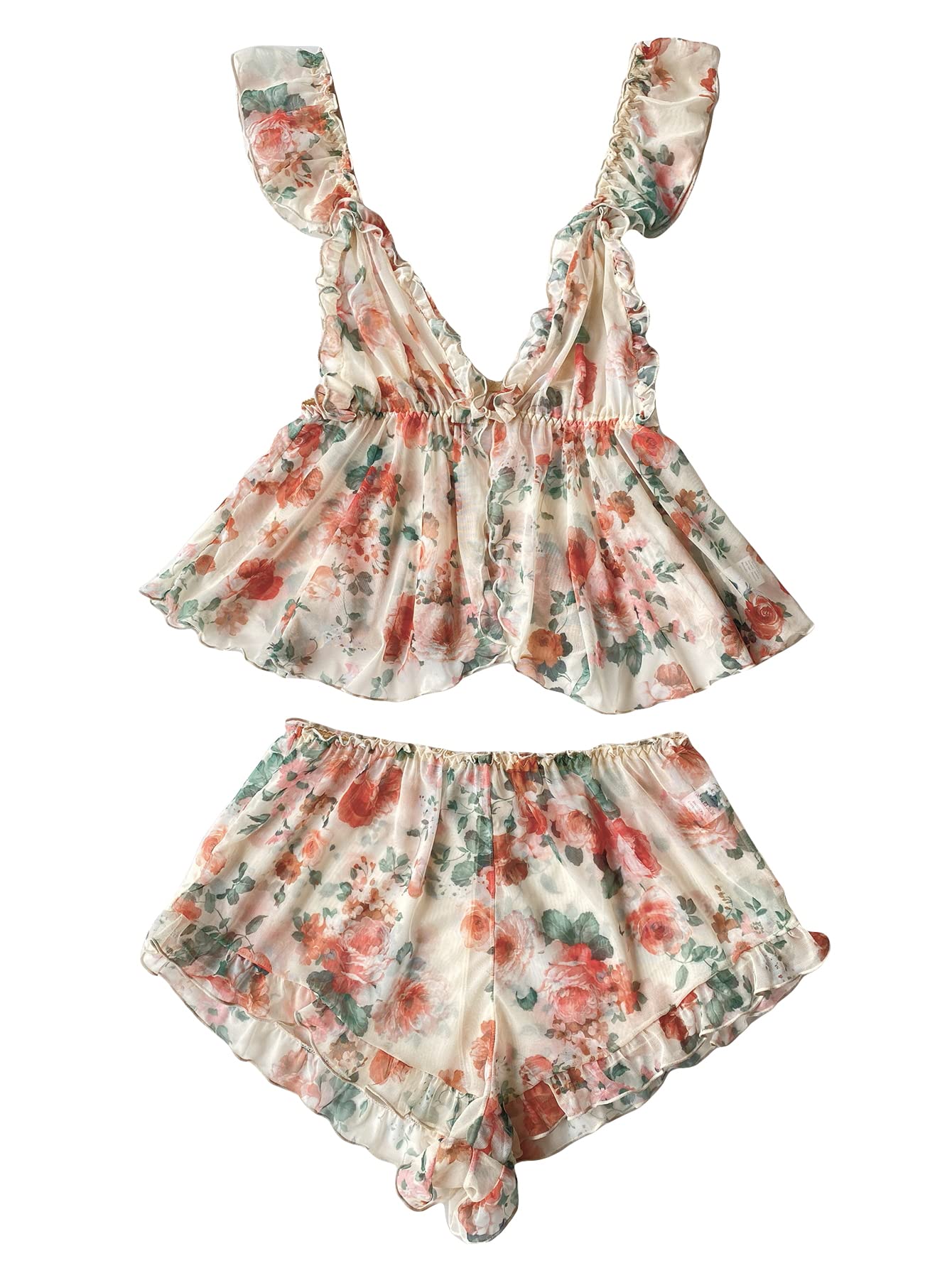 Verdusa Women's 2 Piece Floral Print Mesh Ruffled Peplum Cami Top and Shorts Pajama Sets
