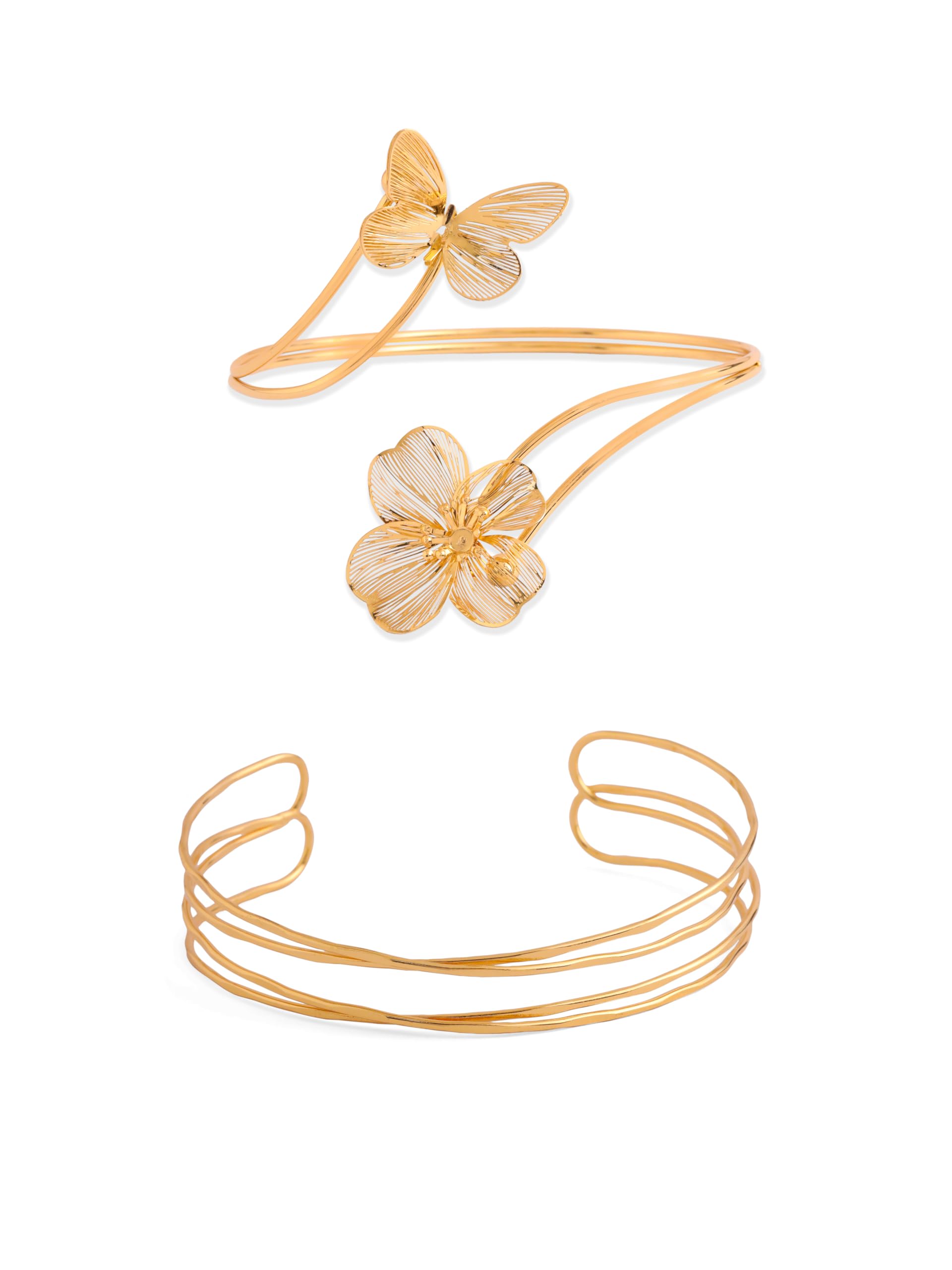 Studio Fix Gold Plated Butterfly & Flower and Criss Cross minimal Arm Cuff bracelet combo for Women, Adjustable Upper Arm Bangle, Statement Fashion Jewellery Pack of 2-image-14