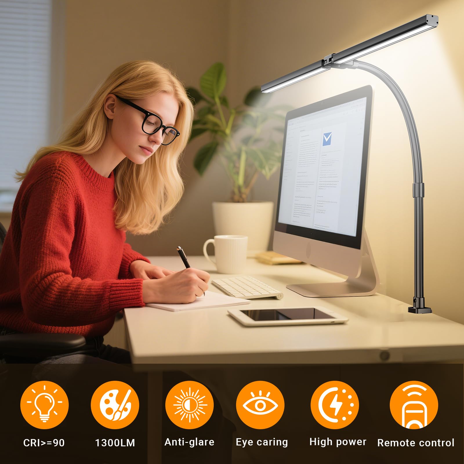 EUARY Lámpara de escritorio de 1300 lm, doble cabeza, LED, regulable, mando a distancia, 24 W, 80 cm, con abrazadera, lámpara de mesa, lámpara de luz diurna, para oficina en casa (Negro puro, Negro)