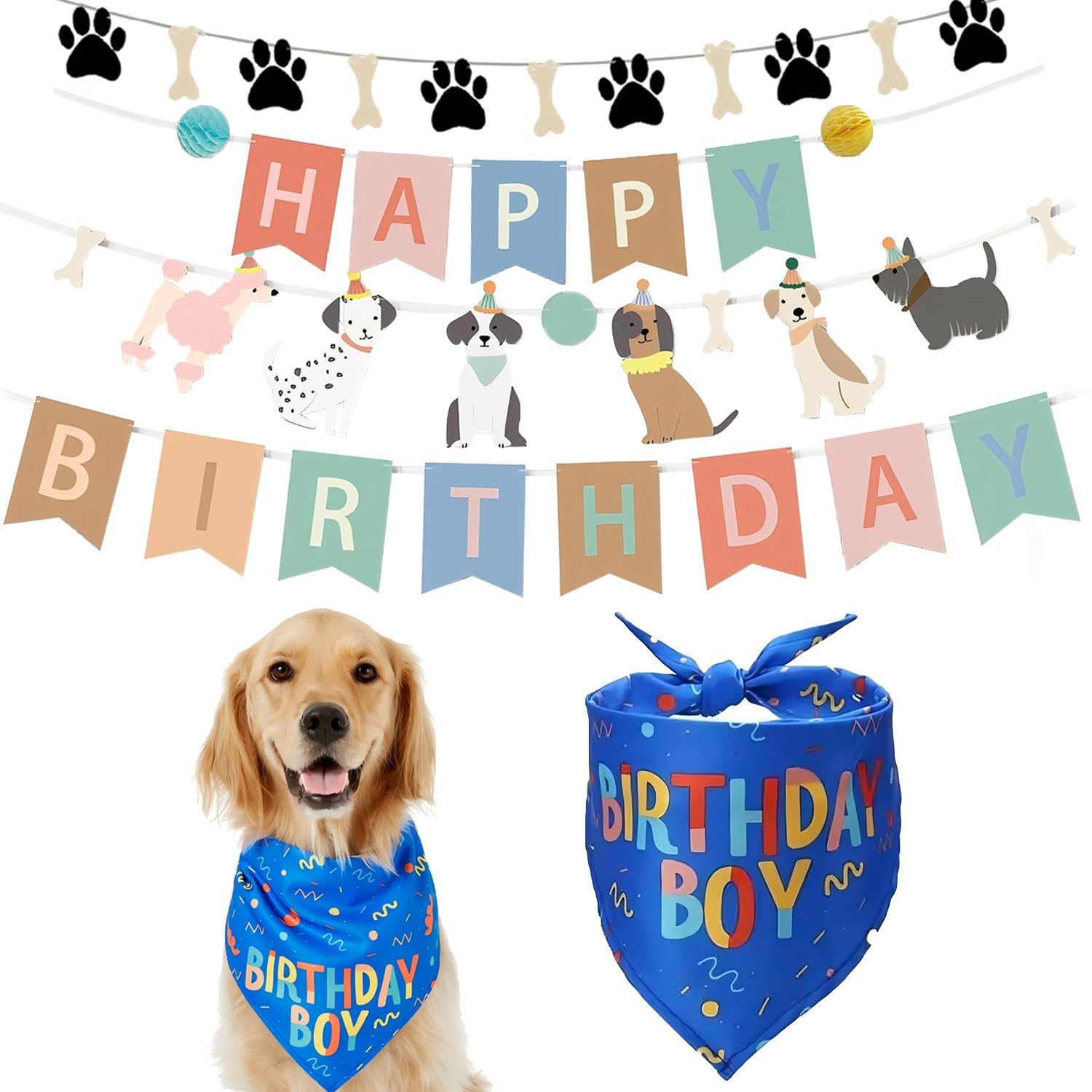 Denipry Dog Themed Birthday Banner and Triangle Dog Bandana Set, Colorful Dogs Birthday Decorations Dogs Paw Print Bone Happy Birthday Flag Backdrop Birthday Party Decorations (Blue)
