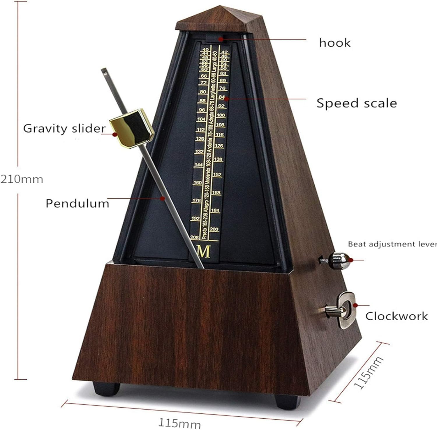 Mechanisches Metronom, Turm-Gitarren-Metronom, Glockenring, Klavier, Violine, Rhythmus, mechanisches Pendel für Klavier, Gitarre, Trommel, akustischer Klickglockenring (Farbe: dunkles Holz)