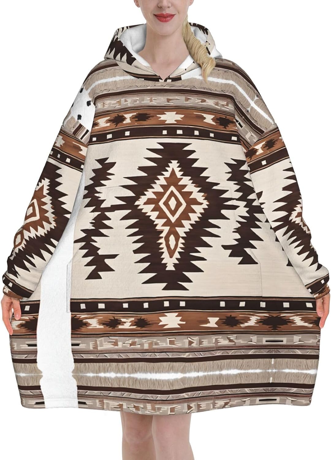 Native Print Blanket Hoodie Fleece Sweatshirt Blanket With Sleeves And Pockets