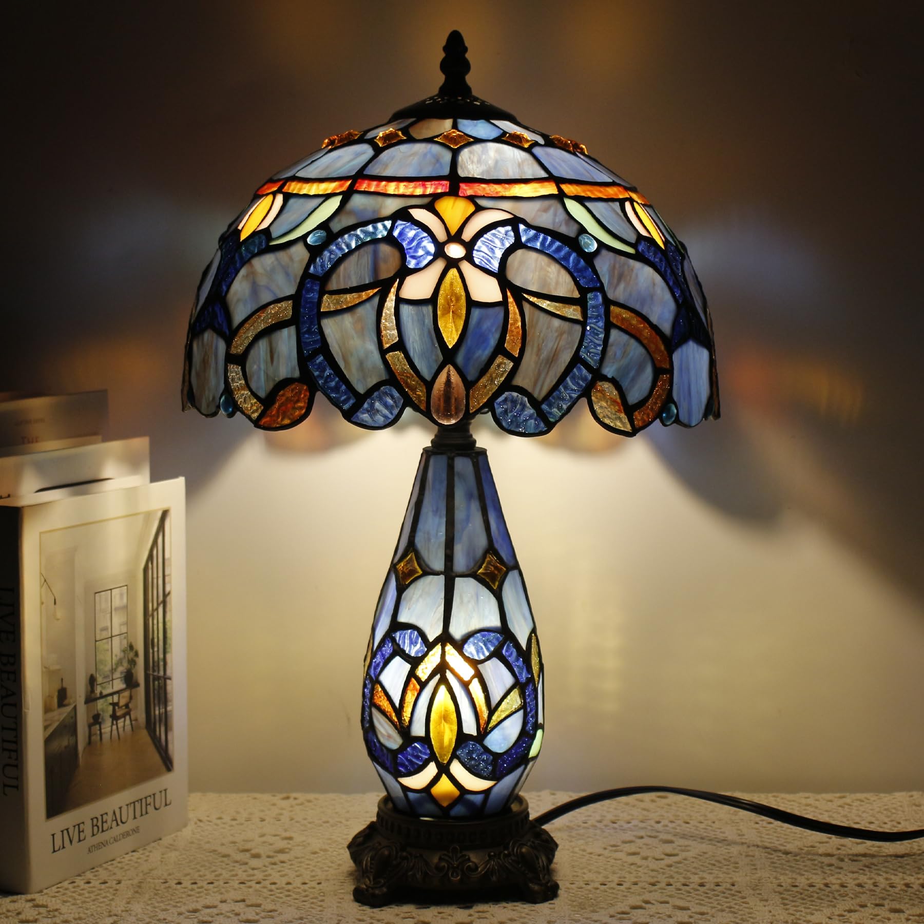 TCODTPOL Tiffany Stained Glass Table Lamp 12X19 Inches,Blue Purple Cloud