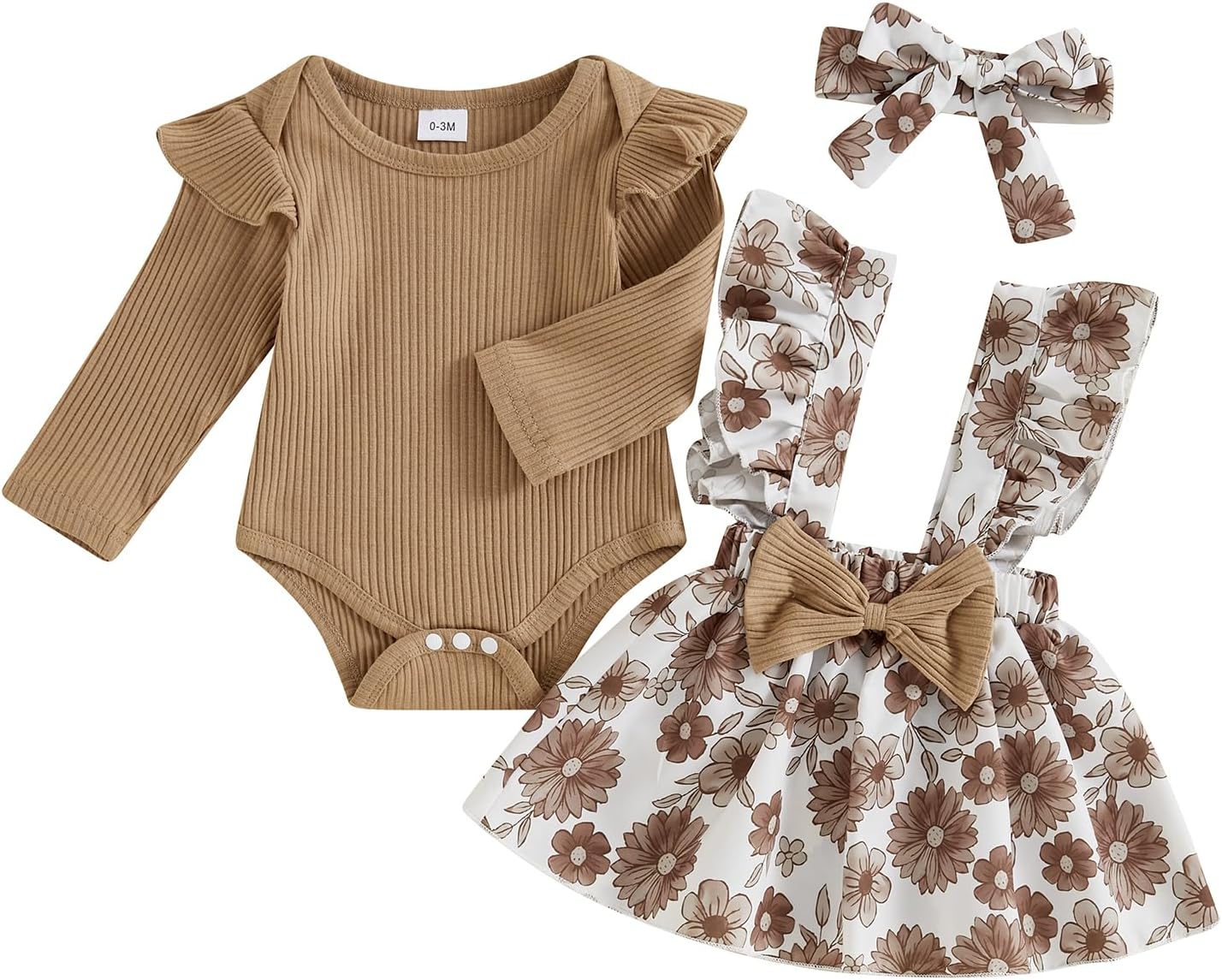 Baby Girl Clothes Fall Cute Skirt Outfits Long Sleeve Romper Floral Overall Skirt Dress Bow 3PCS Outfit
