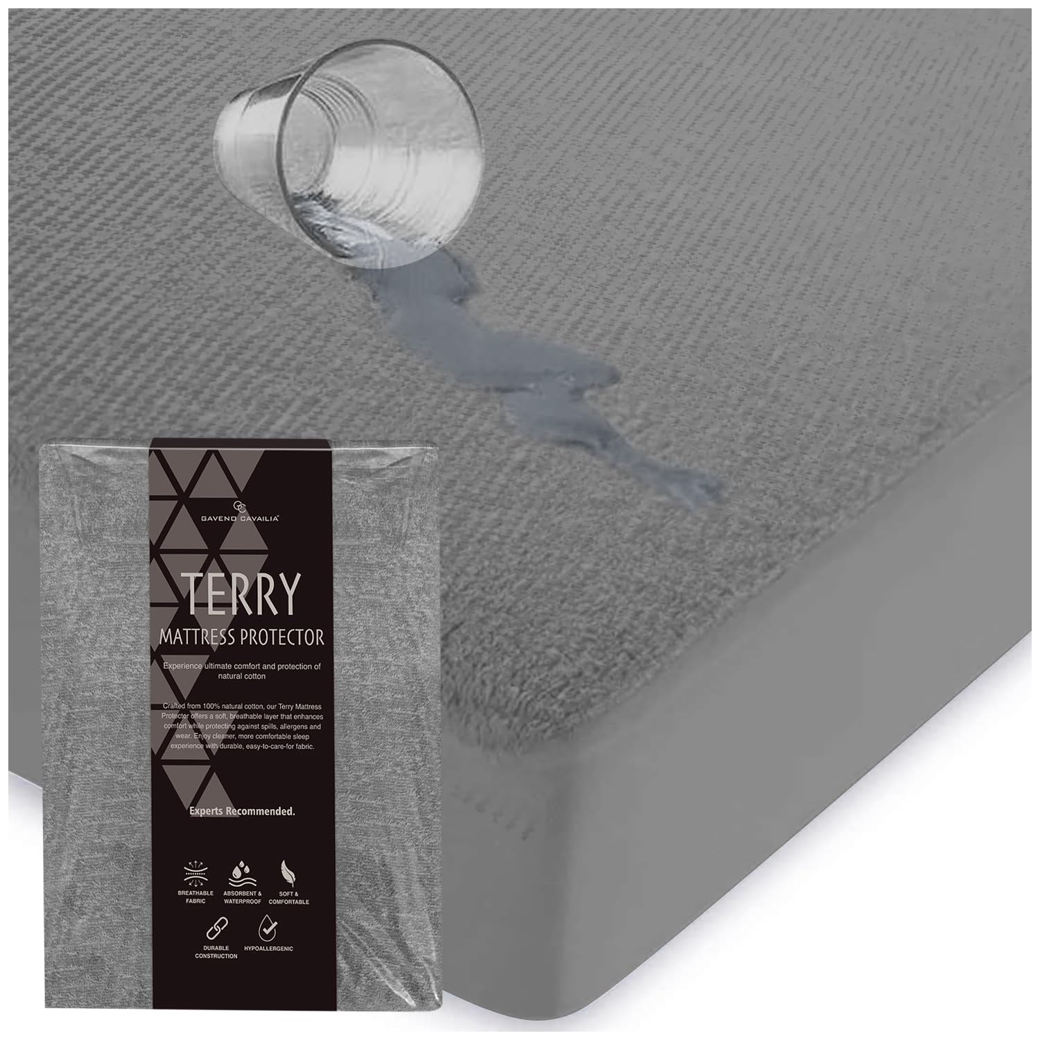 GC GAVENO CAVAILIA Terry Towelling Double Mattress Protector - Waterproof Fitted, Anti Allergic & Durable - Poly Cotton (190 x 137 x 25 Cm), Charcoal