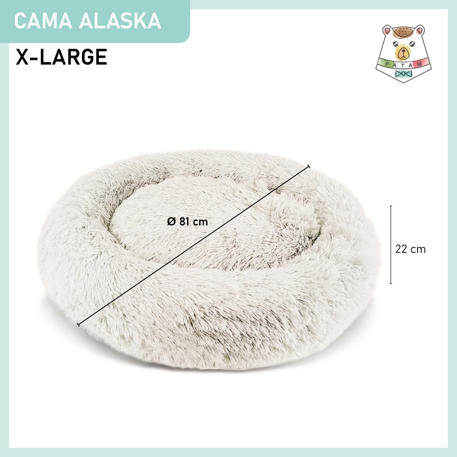 PATAM Cama Redonda de Felpa para Perros y Gatos con Funda Lavable a máquina, Antideslizante - Alaska Crema, Extra-Large 81 cm