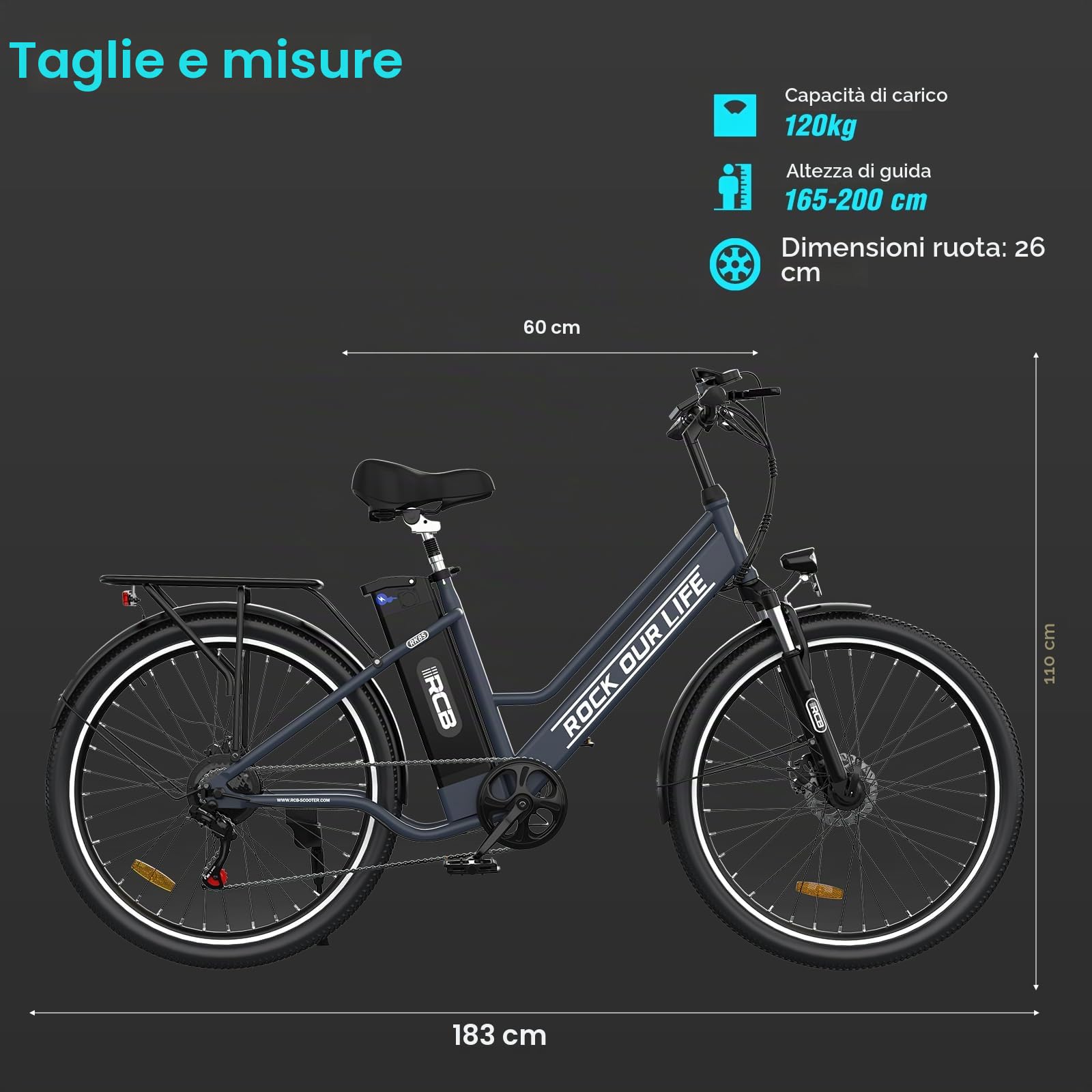 RCB Bicicletta elettrica da 26", e bike batteria al litio 36V 10.4 AH può raggiungere 90KM (effetto ambientale) 250W Bicicletta elettrica per pendolarismo per adulti