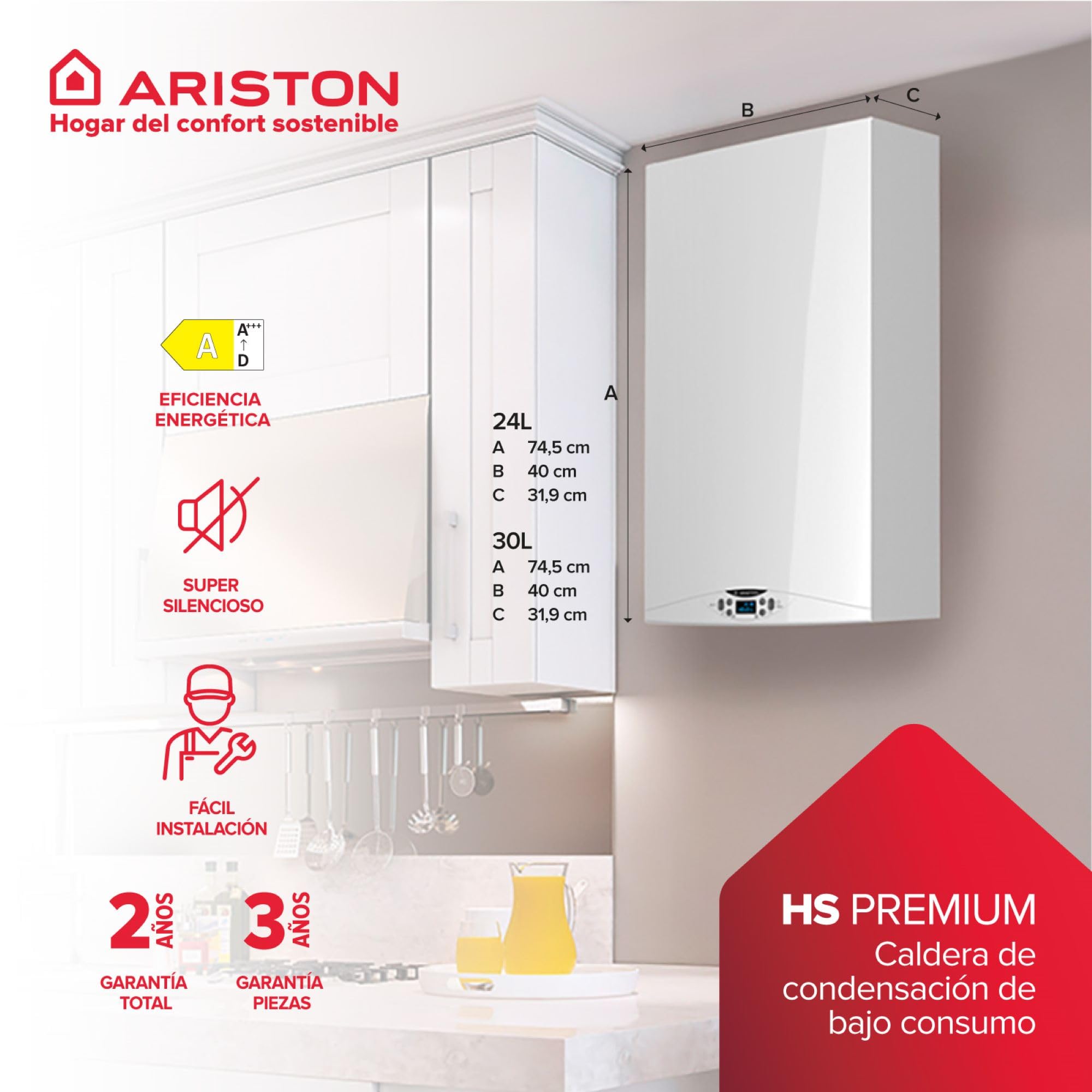 Ariston HS Premium - Caldera Gas Natural y Propano 24kw con Tamaño Reducido 31,9x40x74,5 cm Eficiente y Silenciosa, Caldera de Condensación Fabricada para Instalación en España (Clase Energética A)