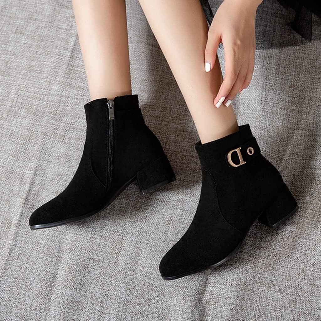 Women's Round Toe Dressy Ankle Boots Suede Metallic Side Zipper Block Low Heels Dress Short Booties