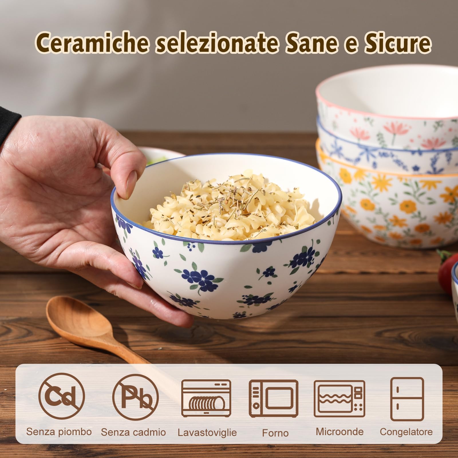 Ciotola Colazione Cereali Ciotole Ceramica - Set di 4 Scodelle Zuppa Colorate con Motivi Floreali - Scodella Porcellana per Insalata | Poke | Ramen | Minestra | Macedonia | Brodo - 15 cm - 700 ml