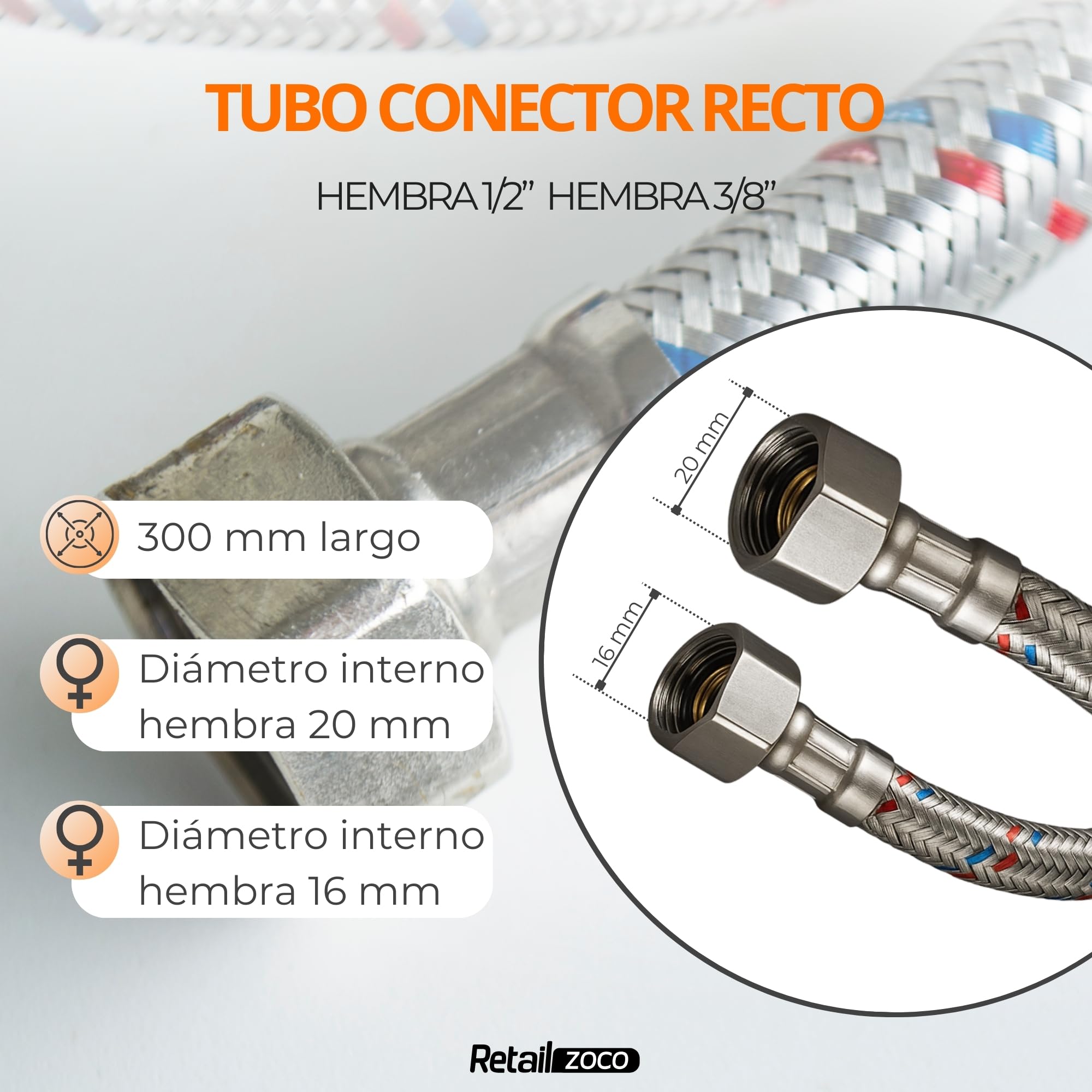 Latiguillo de Fontanería (2 Unidades, 30, Centímetros, 1/2H x 3/8H) - imagen 4