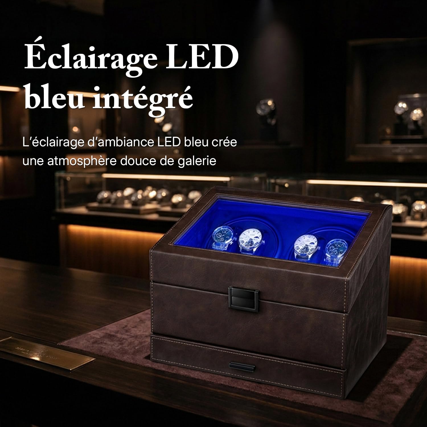 Mcbazel Remontoir Automatique pour 4 Montres avec 6 Compartiments | Éclairage d'Ambiance LED Bleu, Moteur Ultra-Silencieux, 4 Modes de Rotation, Fonction d'Arrêt Intelligent à l'Ouverture