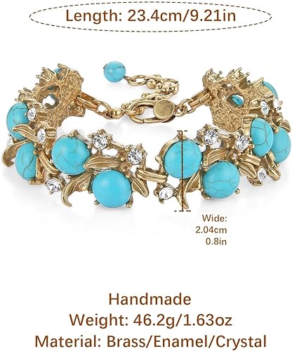 Miniatura 6 de HZMAN Pulsera floral turquesa vintage, hecha a mano de latón grueso con piedra natural para mujer, regalo retro