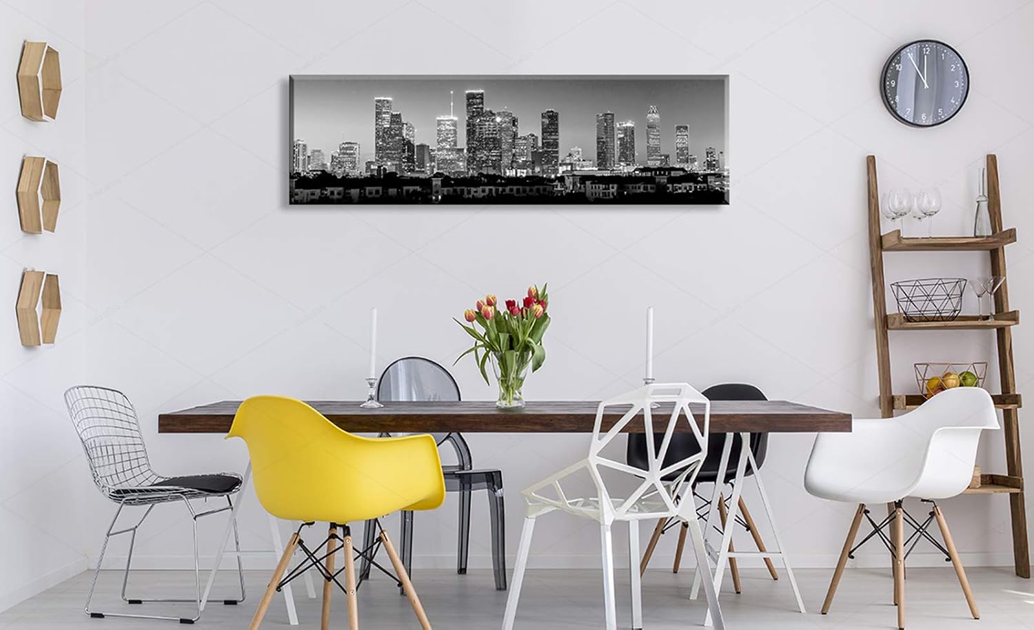 Houston Skyline Black and White Canvas Wall Art, Texas Cityscape Panoramic Painting, Ready to Hang Framed Print, 13.8x47.3 Inches for Living Room Office Bedroom Decor