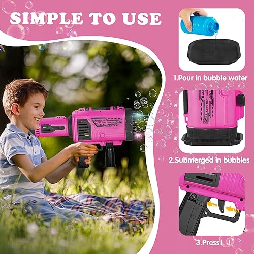 Miniatura 4 de Pistola de burbujas para niños - Pistola de burbujas grande de 64 agujeros tiene luz colorida - Dos baterías recargables - seis burbujas de agua,