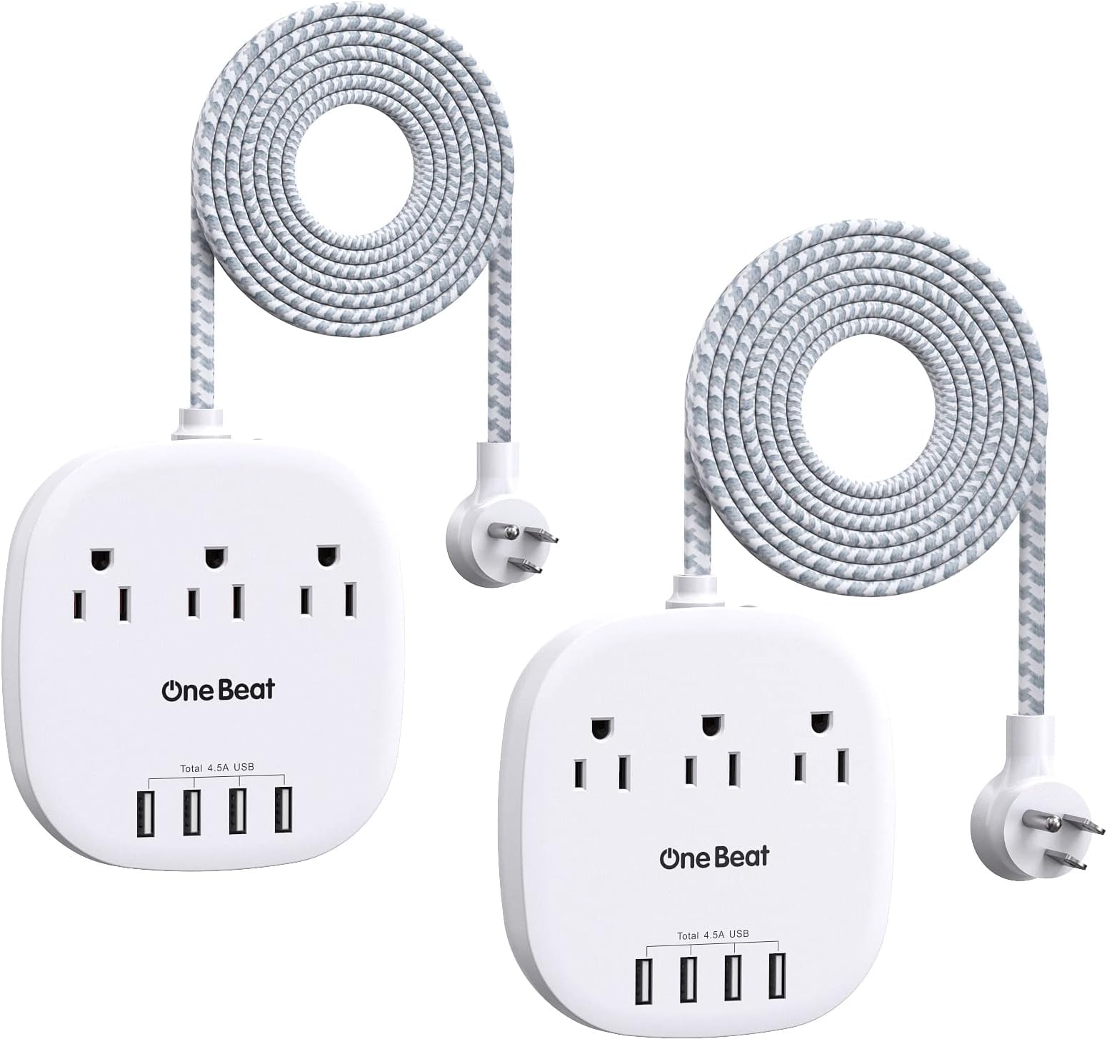 2 Pack Power Strip, Cruise Essentials Desktop Charging Station with 3 Outlet 4 USB Ports 4.5A, Flat Plug, 5 ft Long Braided Extension Cord for Cruise Ship Travel Home Office, ETL Listed, White