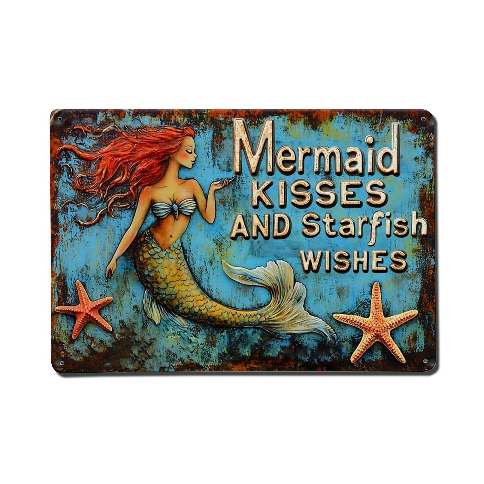 Jdfenggu Vintage Mermaid Kisses And Starfish Wishes Retro Metal Tin Sign, Metal Poster For Bar, Home, Man Cave, Kitchen, Laundry Room Art Decor 8X12 Inch