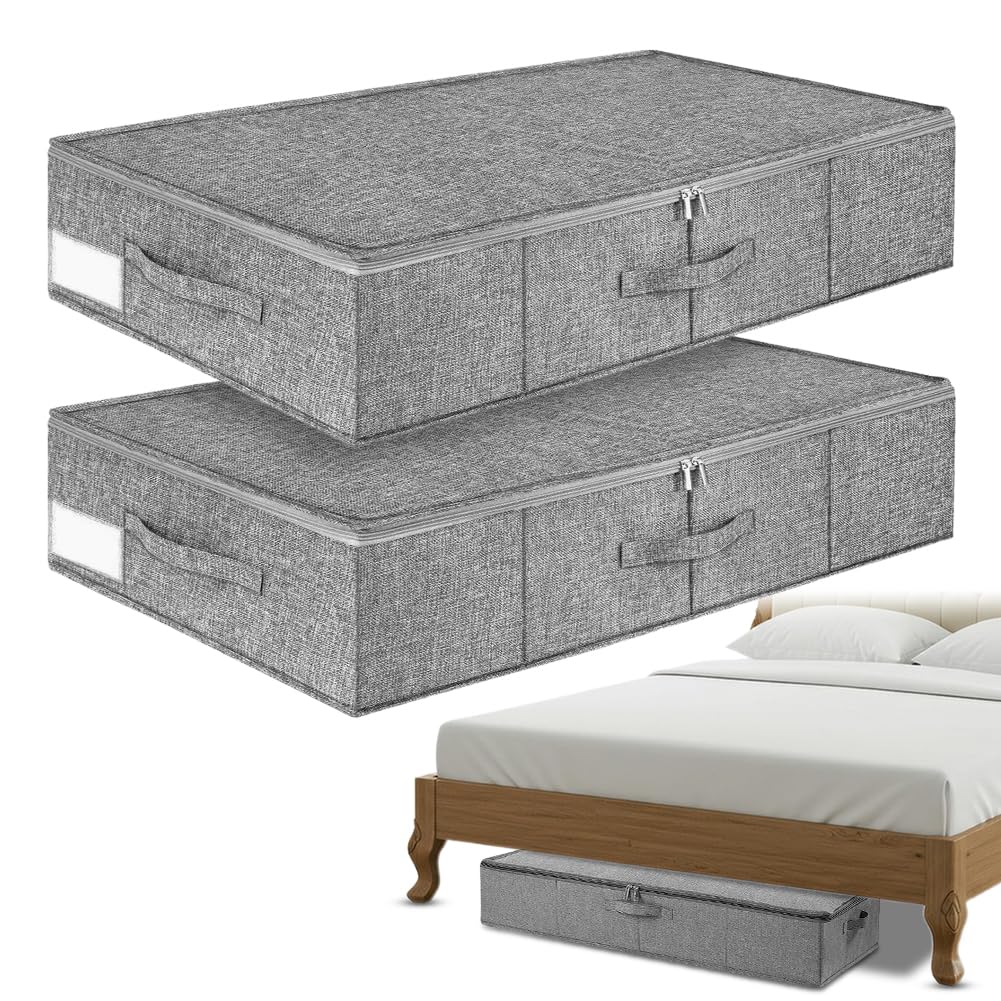 2 Cassettiera Sotto il Letto, Contenitore Sotto il Letto, con Coperchio e Maniglie, Pieghevole, 85 x 40 x 12 cm, per Vestiti, Coperte, Stabile Contenitore Sotto il Letto, Grigio