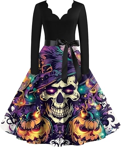 OIOLOYJM Sexy Plus Size Halloween Costumes Woman 2025 Long Sleeve V Neck Printed Gothic Retro Formal Party Dresses for Women