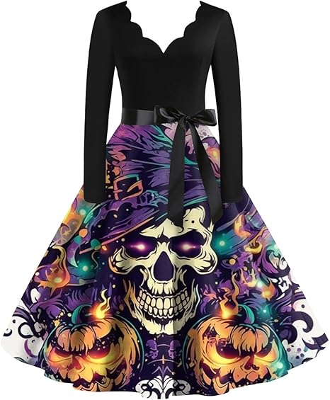 OIOLOYJM Sexy Plus Size Halloween Costumes Woman 2025 Long Sleeve V Neck Printed Gothic Retro Formal Party Dresses for Women