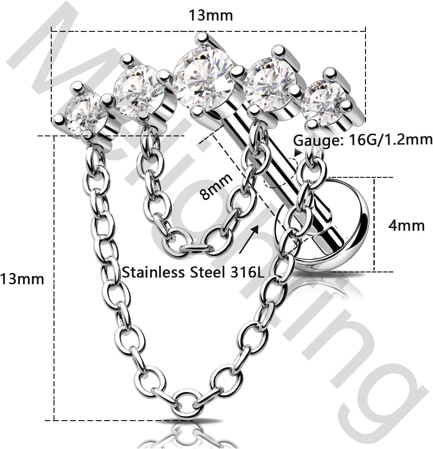 Melighting Double Chain Cartilage Earring 16G Curved Helix Earring Internally Threaded Clear Cz Stainless Steel 316L Flat Back Stud For Women - Image 6