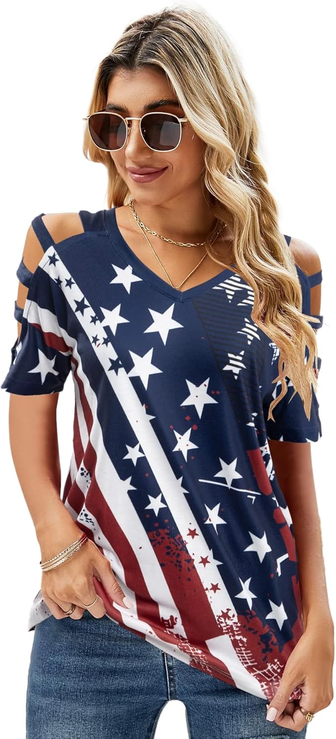 FAYALEQ USA Flag Shirt Women Off The Shoulder Top American Flag Tee 4th of July Patriotic Tees Distressed Star Stripes Shirts