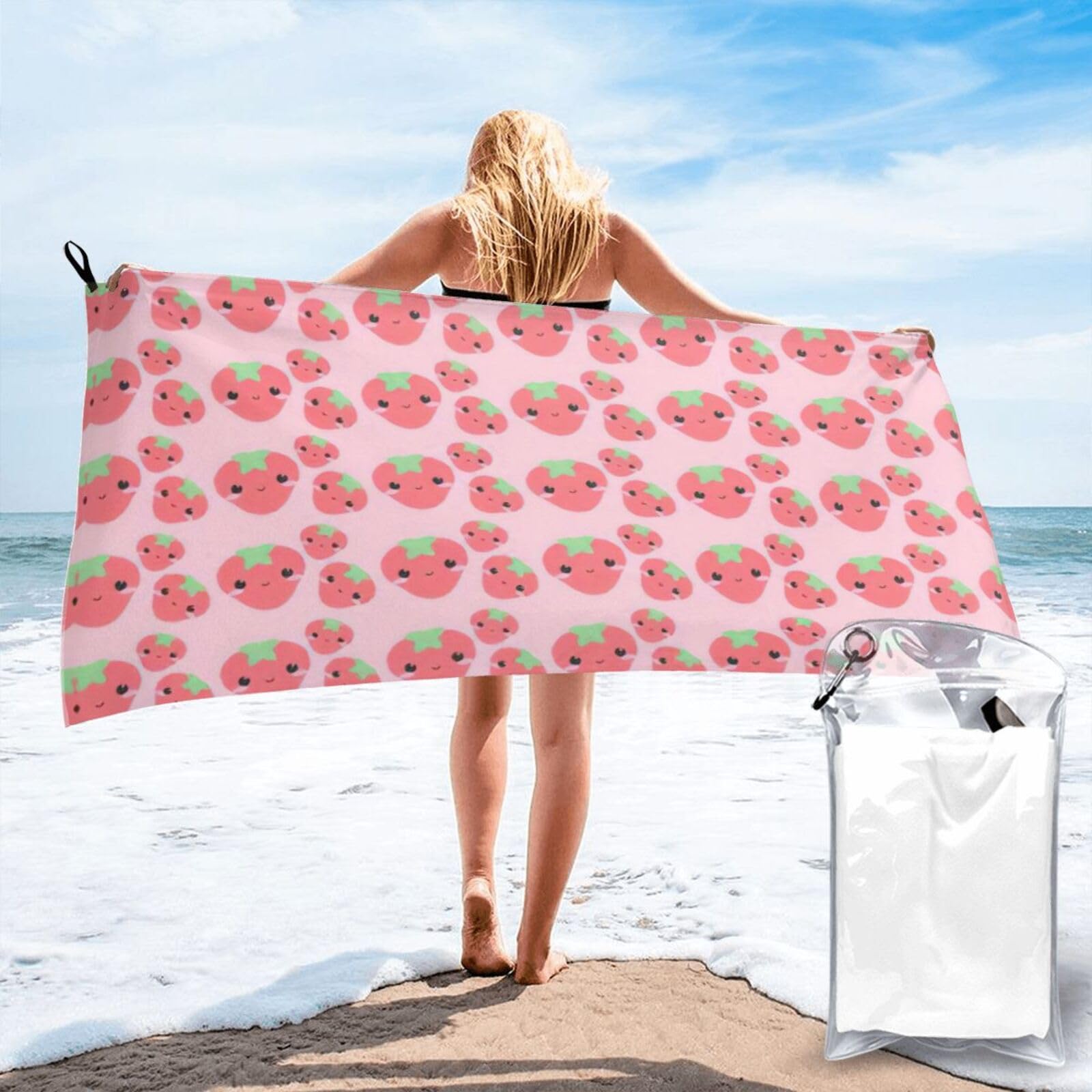 VCzsdff Cute Strawberry Print Quick Dry Towel Compact Beach Shower Wrap For Camping Fitness