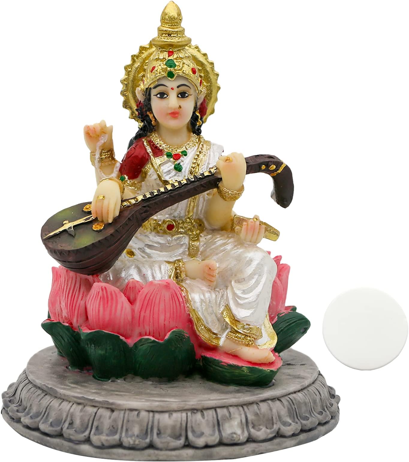 Small India Idol Sarawati Statue - 3.9”H Hindu Goddess Saraswati Figurine for Car Dashboard Decor Indian Home Office Temple Mandir Pooja Item Diwali Festival Puja Gift