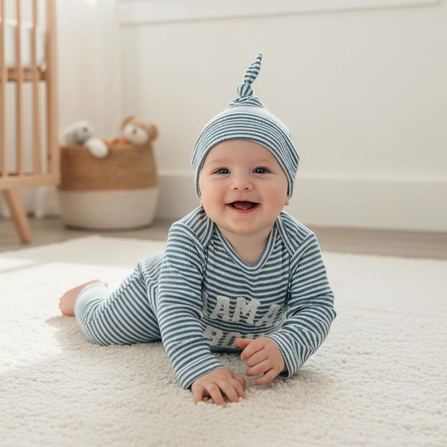 Newborn Baby Boy Clothes Mamas Boy Romper Striped One Piece Jumpsuit Hat Fall Winter Coming Home Outfit - Image 2