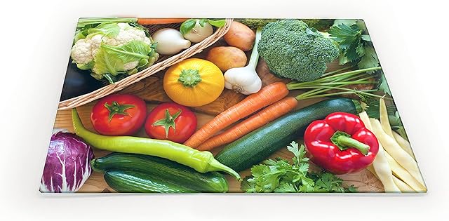 Clear Glass Chopping Board with Vegetables Print - Size 30cm x 20cm - Non Slip Glass Worktop Savers for Kitchen - Great Worktop Protector for Any Food prep
