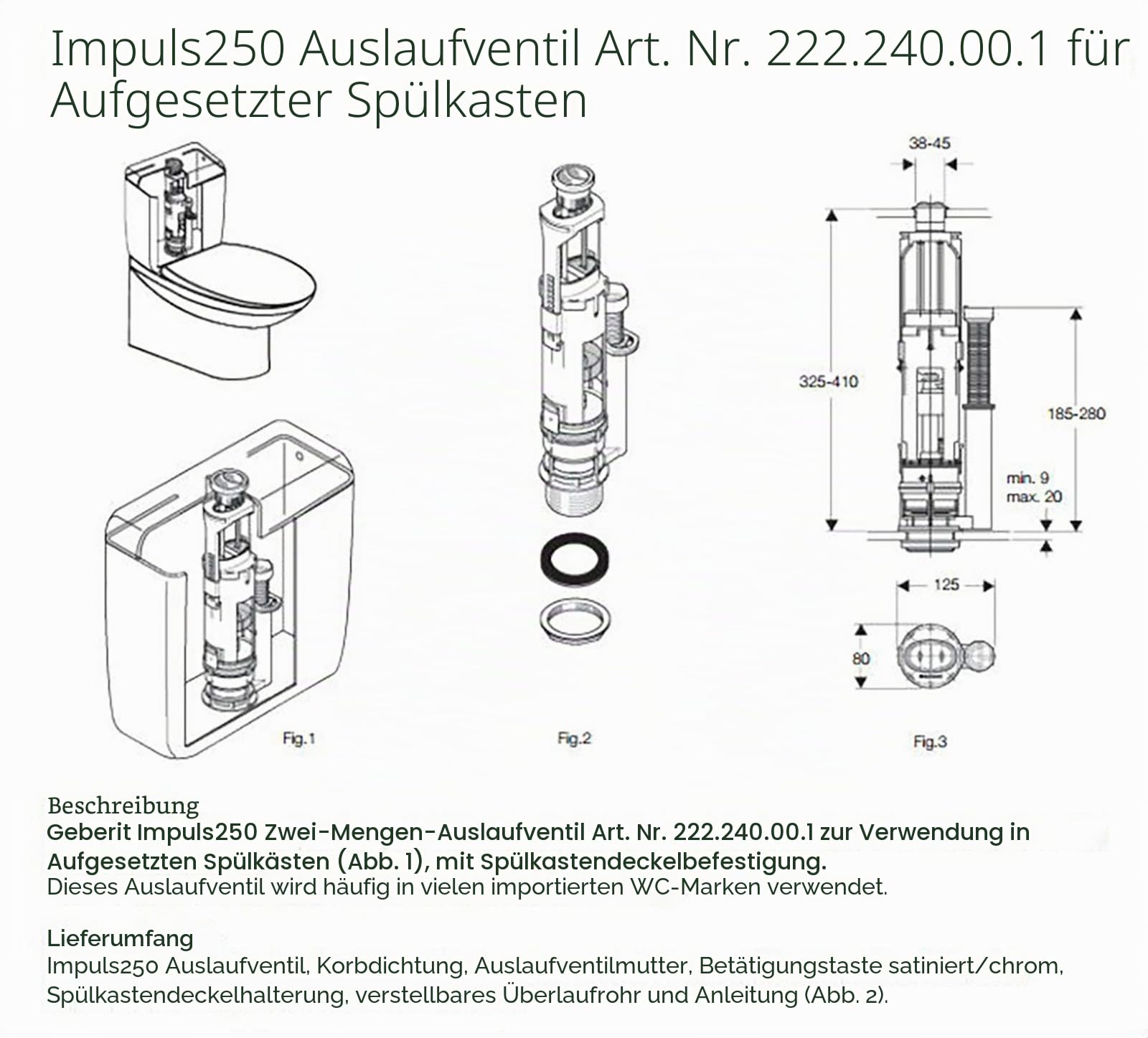 Geberit Impuls 250 Twico 1 Doppelspülventil WC-Spülkasten Auslassventil WC-Spülkasten Ersatz Spülkastenventile