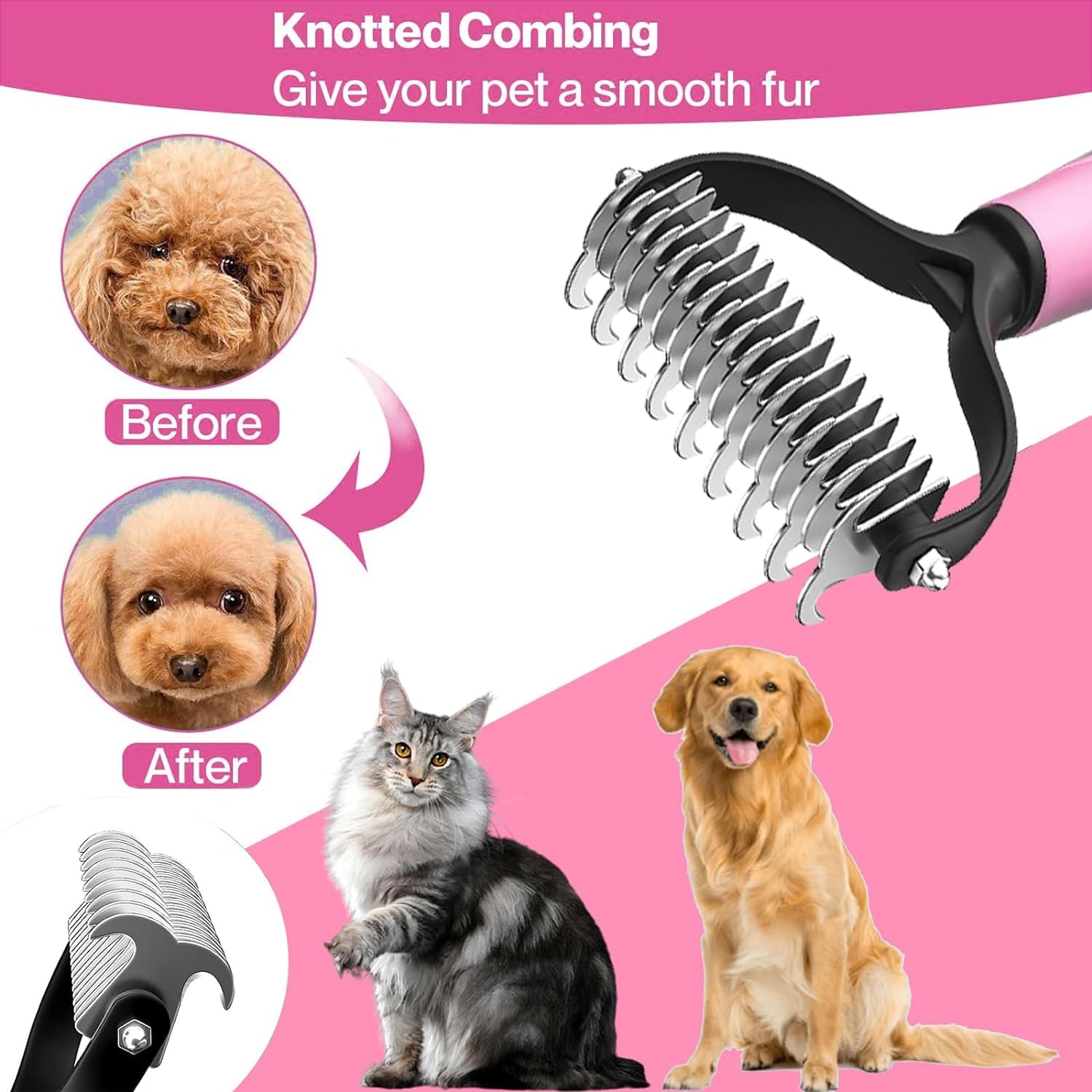 Spazzola per Cani Pelo Lungo, Spazzola Gatto Deshedding Brush Animali Acciaio Inossidabile Doppia Faccia Strumento di Deshedding Animali per Cane/Gatto Pelo Lungo, Medio e Corto (Pink)