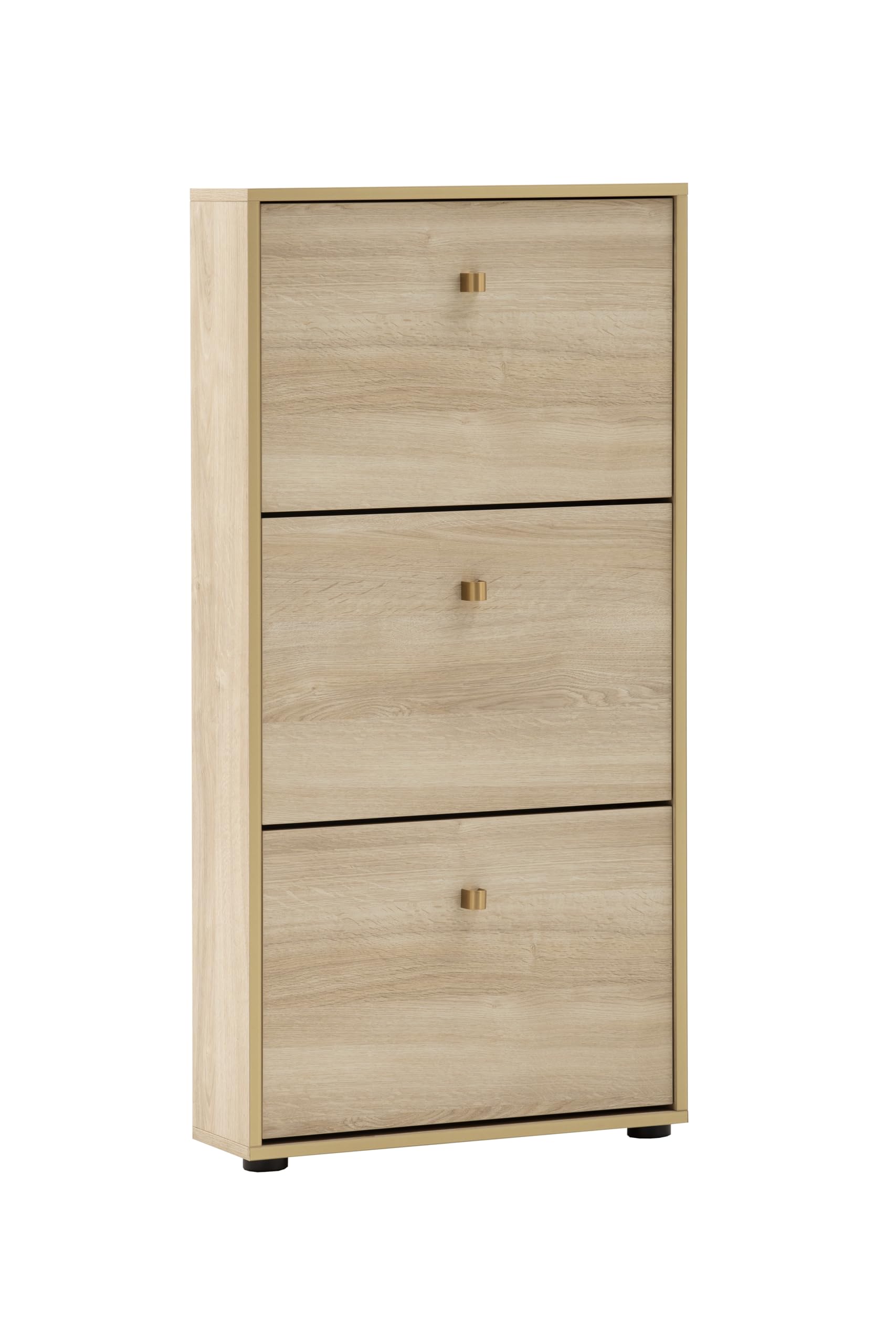 Zapatero estrecho blanco Schildmeyer Flora 160786, mueble de pasillo color roble y dorado