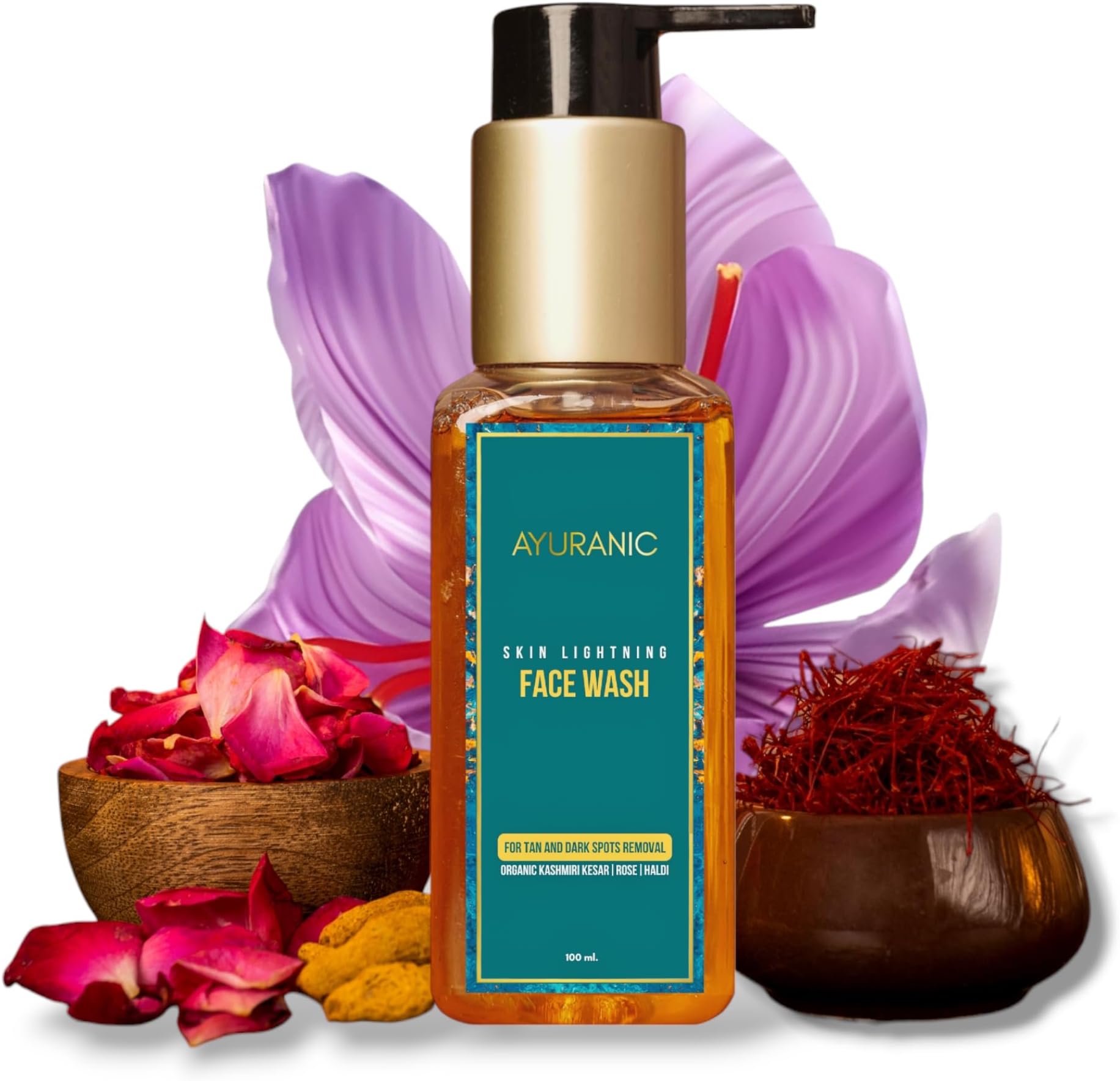 Tan & Dark Spots Removal Ayurvedic Face Wash For Glowing & Even Skin Tone | Kumkumadi Kesar Oil, Rose Water, Haldi For Normal, Oily & Acne Prone Skin | Men & Women (11 Natural Herbs, 100 ml)