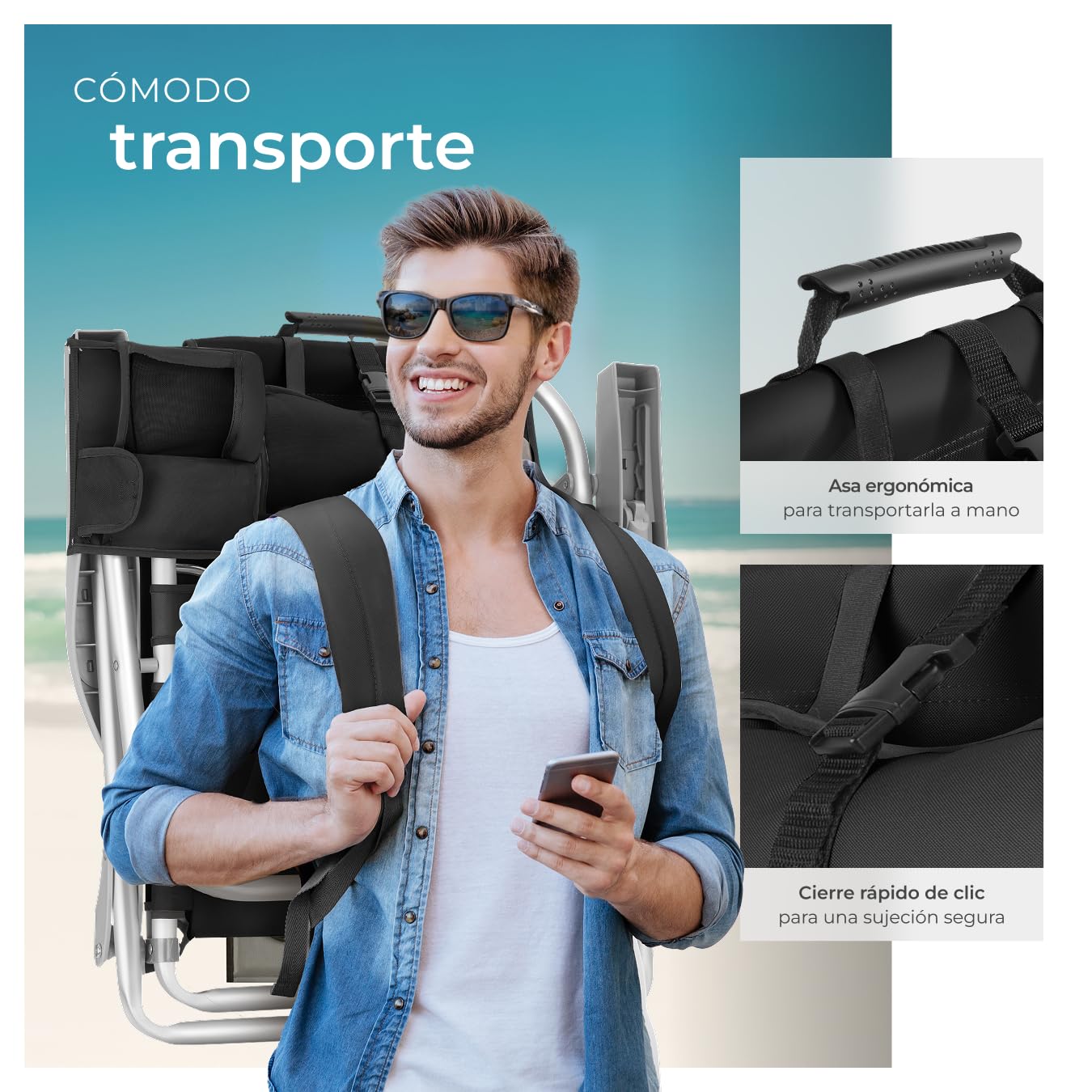 tectake® Silla Playa Plegable con Respaldo Ajustable, Estructura de Aluminio, Función Mochila, Silla Camping Ligera, Ideal cómo Sillas Playa o Sillas Plegables Camping para Relax - 1 Unidad Negro