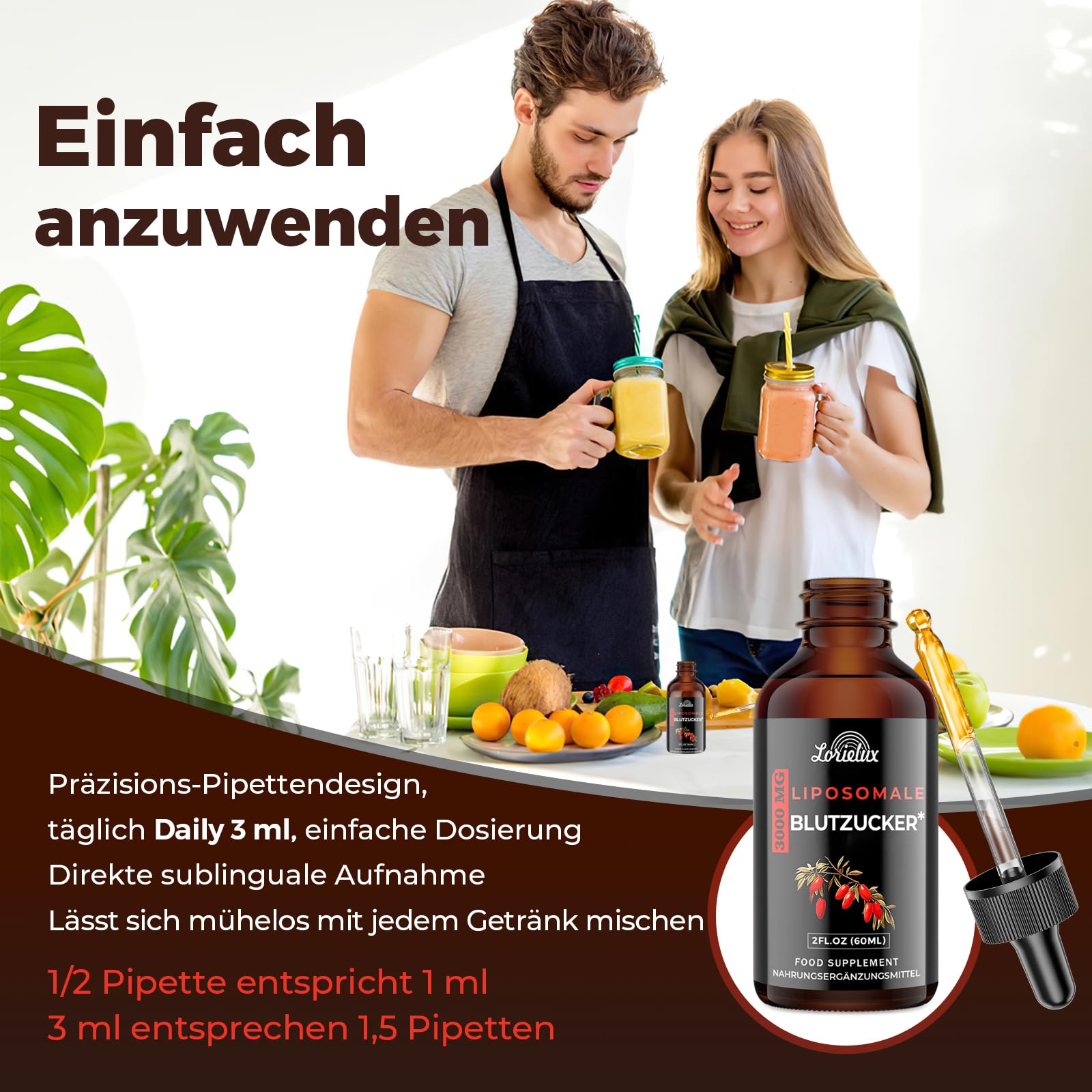 Liposomale Berberin Tropfen, 3000mg Blutzucker-Unterstützung, mit Grüntee-Extrakt, Ceylon-Zimt und Ingwerwurzel, 60 ml
