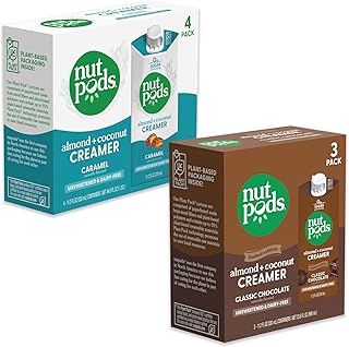 nutpods Caramel Candy Bar Non Dairy Coffee Creamer Bundle: a 4 pack of Caramel and a 3 pack of Classic Chocolate, Made fro...