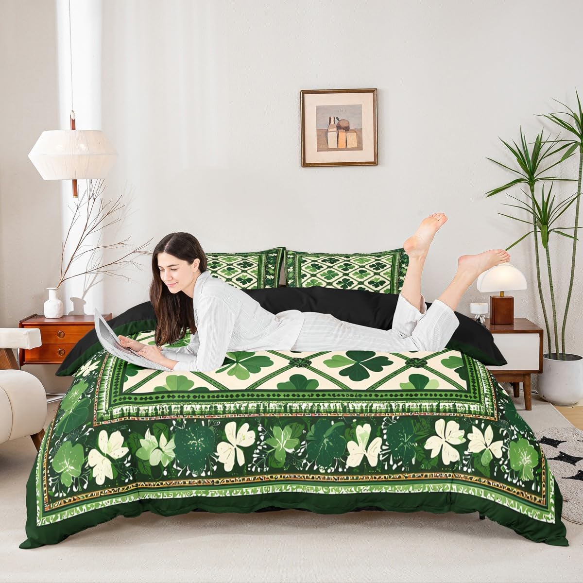 jejeloiu Green Clover Leaves Bedding Duvet Cover Set Queen Size St. Patrick's Day Bedding Set for Kids Boys Girls Geometric Comforter Cover Set Bedspread Cover Bedroom Bedclothes