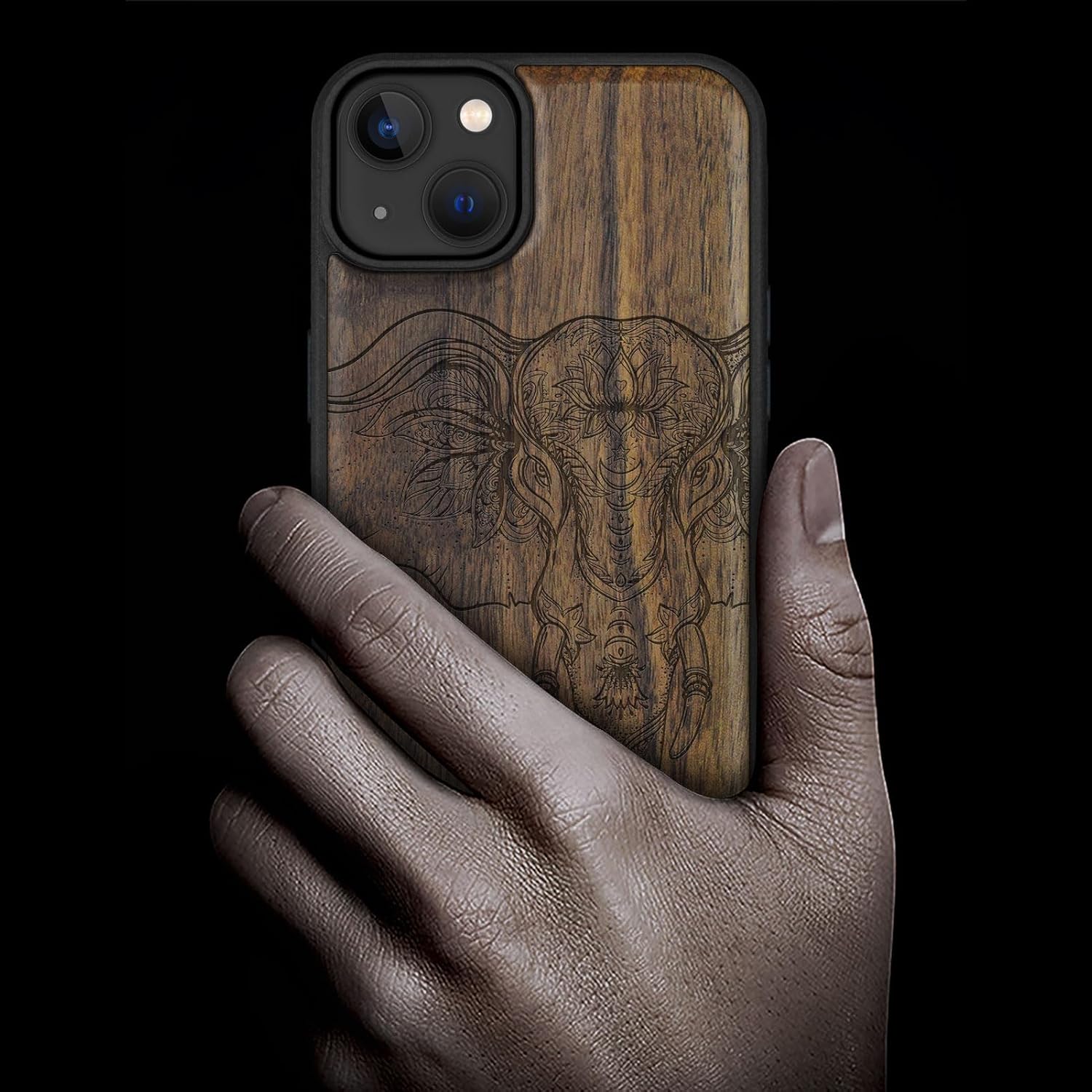 Carveit Magnetic Wood Case for iPhone 14 Plus - Natural Wood & Black Soft TPU - Shockproof Protective Cover - Unique & Classy Wooden Case - Compatible with MagSafe (Mandala Elephant -Walnut)